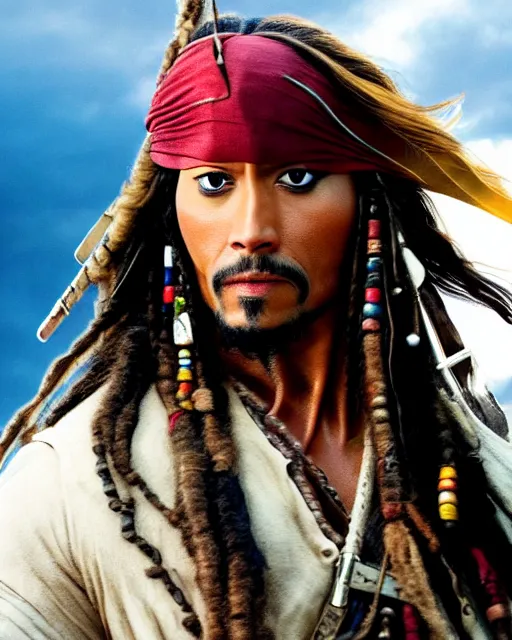 Image similar to Film still close-up shot of Dwayne Johnson as Captain Jack Sparrow from the movie Pirates of the Caribbean. Photographic, photography