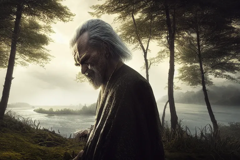 Image similar to an ultra realistic, cinematic headshot portrait, of an evil wizard, background of a vast serene landscape, with trees and rivers, detailed, deep focus, movie still, dramatic lighting, ray tracing, by michal karcz and yoshitaka amano