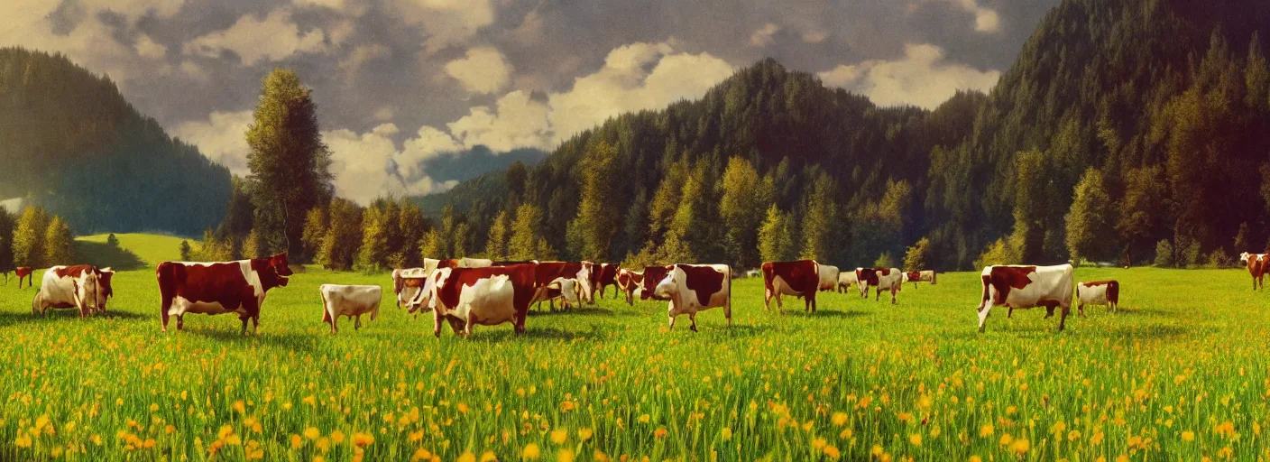 Prompt: a ultra photorealistic and sharp film still of an a sunny and colourful open field in 1 9 0 0 in the middle of the bavarian alps, germany. cows. wide shot, wes anderson, studio ghibli, pixar and disney animation, octane render, anime key art by greg rutkowski, dramatic lighting, award winning photography