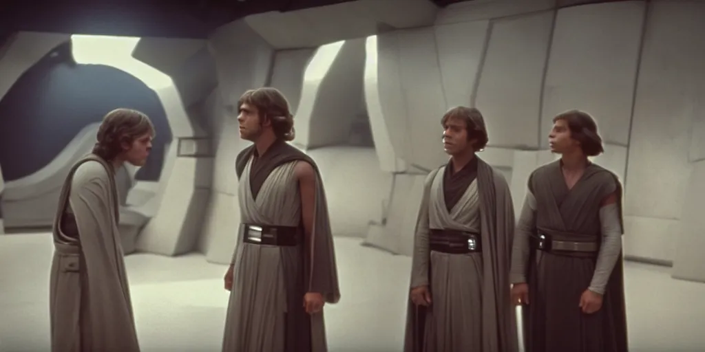 Image similar to screenshot from unreleased Star Wars film, Jedi Luke Skywalker played by Mark Hammil teaches Princess Leia the ways of the force, they stand in a jedi Temple, 1970s film by Stanely Kubrick film, color kodak, Ektachrome, anamorphic lenses, detailed faces, hyper-realistic, photoreal, detailed portrait, moody cinematography, strange lighting