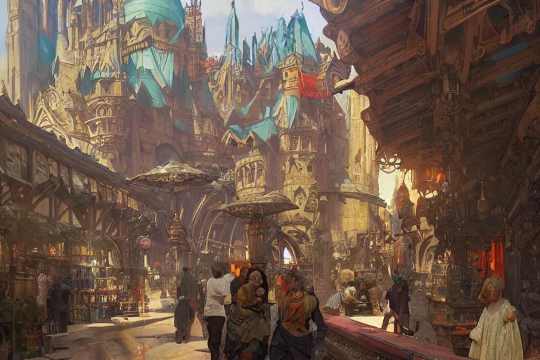 Prompt: a colorful medieval marketplace, Industrial Scifi, detailed illustration, character design, intricate, by artgerm and greg rutkowski and alphonse mucha