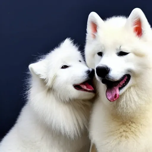 Image similar to A photo of a Samoyed dog with its tongue out hugging a white Siamese cat