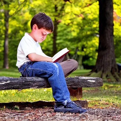 Image similar to a young boy reading a book about nuclear power sat in a public park, a sense of awe, warm dappled light, trees, over the shoulder shot, in the style of norman rockwell