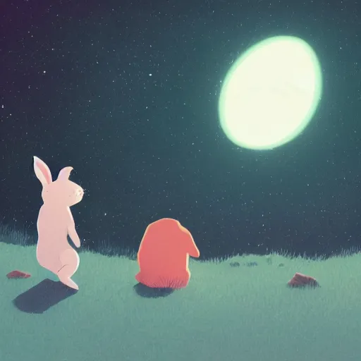 Image similar to A rabbit full of hope, looking for a black hole in an infinite time loop by Victo Ngai and Ghibli andlisk feng and atey ghailan