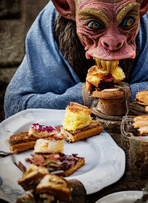 Image similar to closeup portrait of a medieval goblin eating cakes in the cloisters, depth of field, zeiss lens, detailed, symmetrical, centered, fashion photoshoot, by Annie Leibovitz and Steve McCurry, David Lazar, Jimmy Nelsson, Breathtaking, 8k resolution, extremely detailed, beautiful, establishing shot, artistic, hyperrealistic, beautiful face, octane render