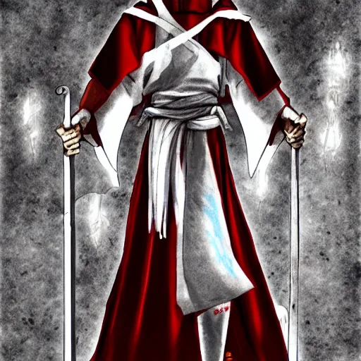 Image similar to samarai cloaked in white with swords, standing in light beam of a dark cave, ruby red sorrow, high quality, ultra detail,