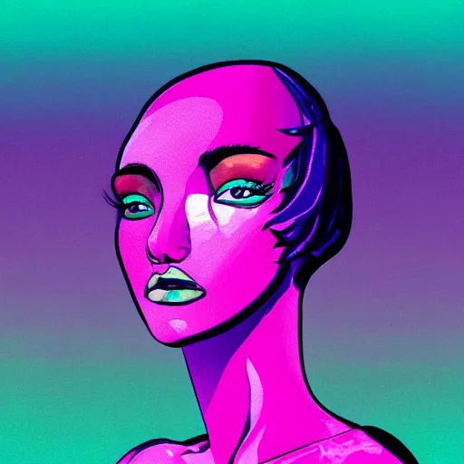 Prompt: a award winning head and torso portrait of a beautiful woman in a croptop with a ombre purple pink teal hairstyle with head in motion and hair flying, outrun, vaporware, vivid colors, highly detailed, fine detail, intricate