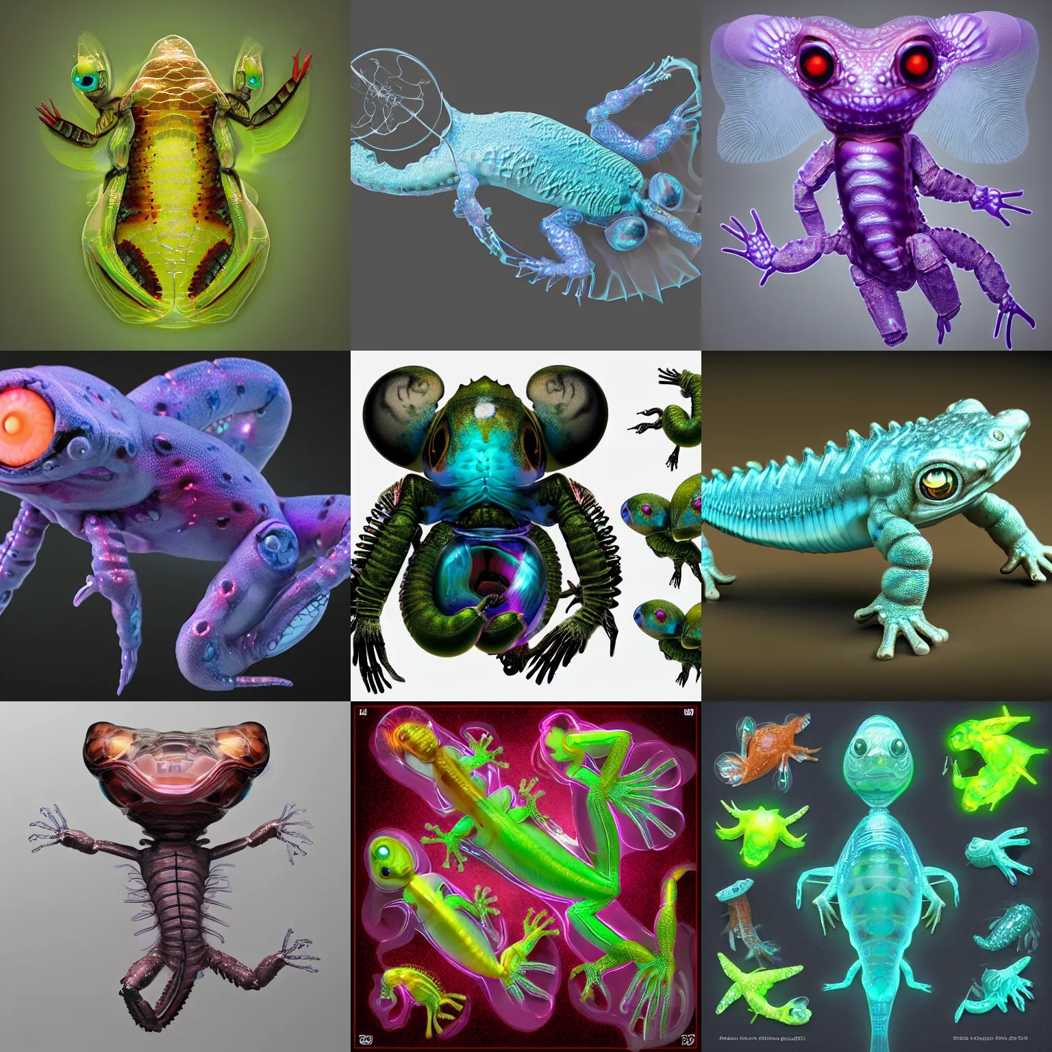 Prompt: cute! biomechanical baby gecko, ghost shrimp, deepsea, wrinkled, by Alex Grey, ghost shrimp, Barreleye fish, translucent SSS xray, Barreleye, rimlight, jelly fish dancing, fighting, bioluminescent screaming pictoplasma characterdesign toydesign toy monster creature, zbrush, octane, hardsurface modelling, artstation, cg society, by greg rutkowksi, by Eddie Mendoza, by Peter mohrbacher, by tooth wu, cyberpunk