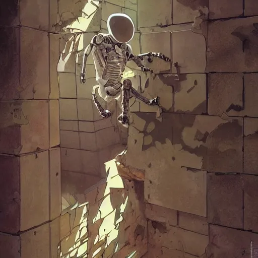 Image similar to skeleton astronaut breaking through a brick wall like the koolaid man, illustration, art by artgerm and greg rutkowski and alphonse mucha