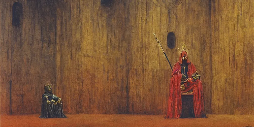 Image similar to a medieval king sitting on a golden throne leaning on a shiny sword in a palace, beksinski painting