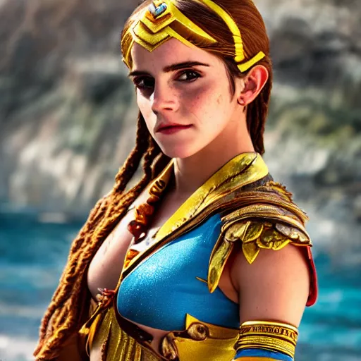 Image similar to Emma Watson modeling as Urbosa from Zelda, (EOS 5DS R, ISO100, f/8, 1/125, 84mm, postprocessed, crisp face, facial features)