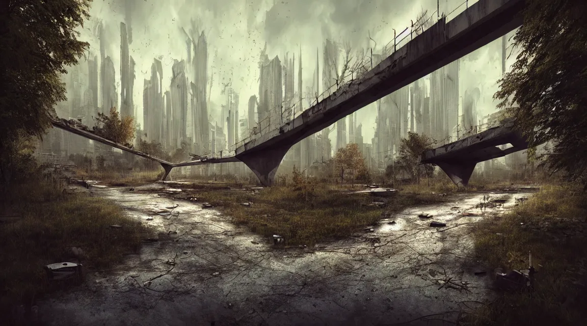 Image similar to post apocalyptic river bridge, morning, building, avenue, modern contemporary urban americana concrete architecture, by pascal blanche, neil blevins, apocalyptic color palette, trending on artstation, photorealistic, wilderness ambiance, ultra detailed, high definition, depth of field, bokeh, rubble, wild vegetation, blood stains, building crumbling