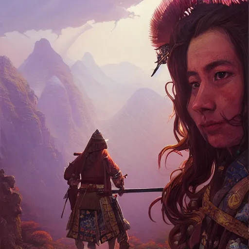 Image similar to Hyper realistic detailed portrait of Kurdish samurai, Stephen Bliss, unreal engine, fantasy art by Greg Rutkowski, Loish, Rhads, ferdinand knab, Makoto Shinkai and Lois van baarle, ilya kuvshinov, rossdraws, Tom Bagshaw, alphonse mucha, global illumination, radiant light, detailed and intricate environment, highly detailed, award winning art