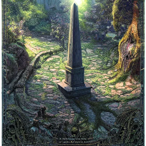 Prompt: stone obelisk, roots and plants growing on the obelisk, intricate detailed glowing engravings, ornate, ancient forest, vibrant colors, frog perspective, D&D, Magic The Gathering, by Craig Mullins, volumetric lighting,