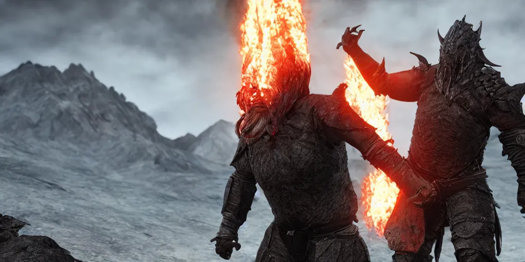 Image similar to a black uruk - hai breathing fire standing on mount doom, cinimatic, fire, high quality, 8 k, movie shot, wideshot, epic, photo realism, unreal engine 5, shadows, dramatic lighting,