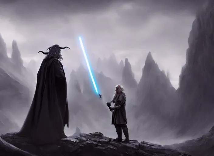 Prompt: gandalf throwing magic at darth vader, beautiful landscape, dramatic lighting, cinematic, establishing shot, night time, heavy rain, extremly high detail, photorealistic, cinematic lighting, post processed, concept art, artstation, matte painting, style by greg rutkowsky