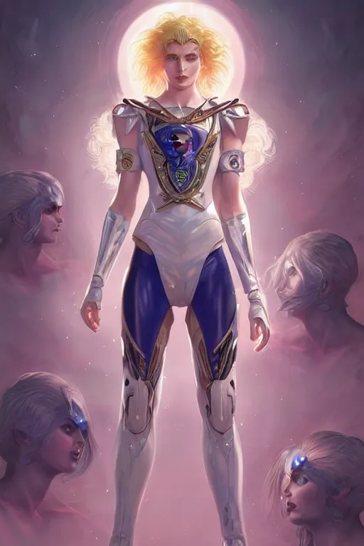 Image similar to genetically augmented super soldier Sailor Moon as a male, pale skin curly blond hair, fantasy, intricate, elegant, highly detailed, digital painting, artstation, concept art, matte, sharp focus, illustration, art by Artgerm and Greg Rutkowski and Alphonse Mucha