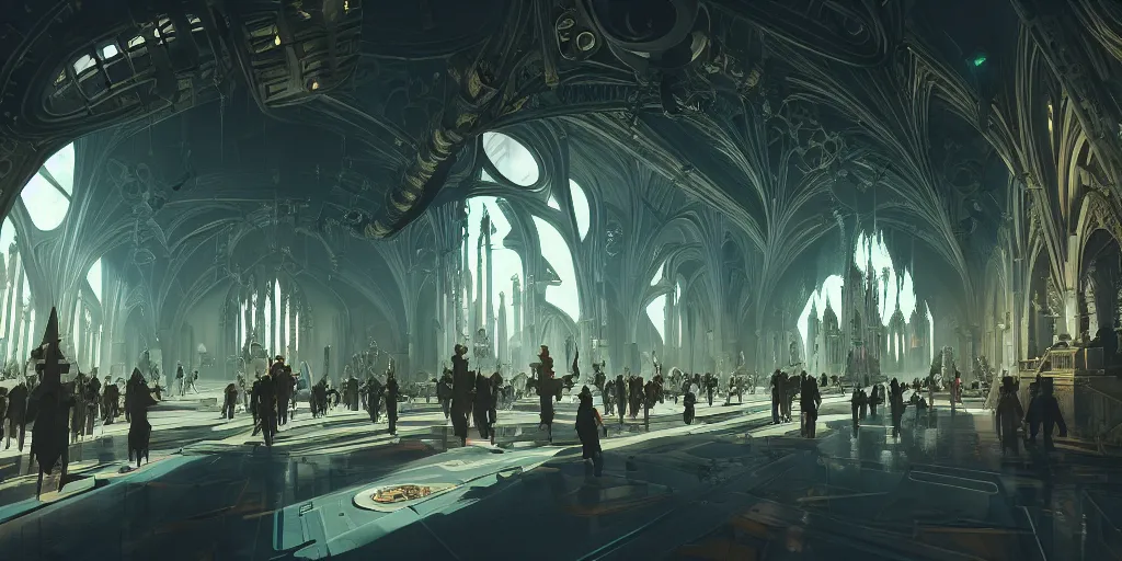 Prompt: cel shaded cinematic shot of the interior of a sci-fi space station with ornate Elven architecture bustling with people and flying cars, epic castle, gothic architecture, emerald, crystalline, detailed illustration, sharp focus, concept art, unreal engine, octane render, god rays
