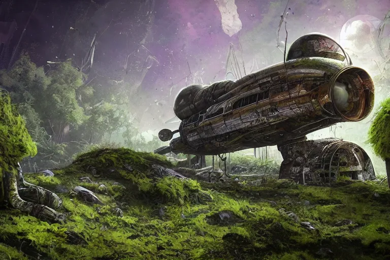 Prompt: derelict spaceship on an alien world, hyper detailed, overgrown with moss, rusty metal, cinematic lighting