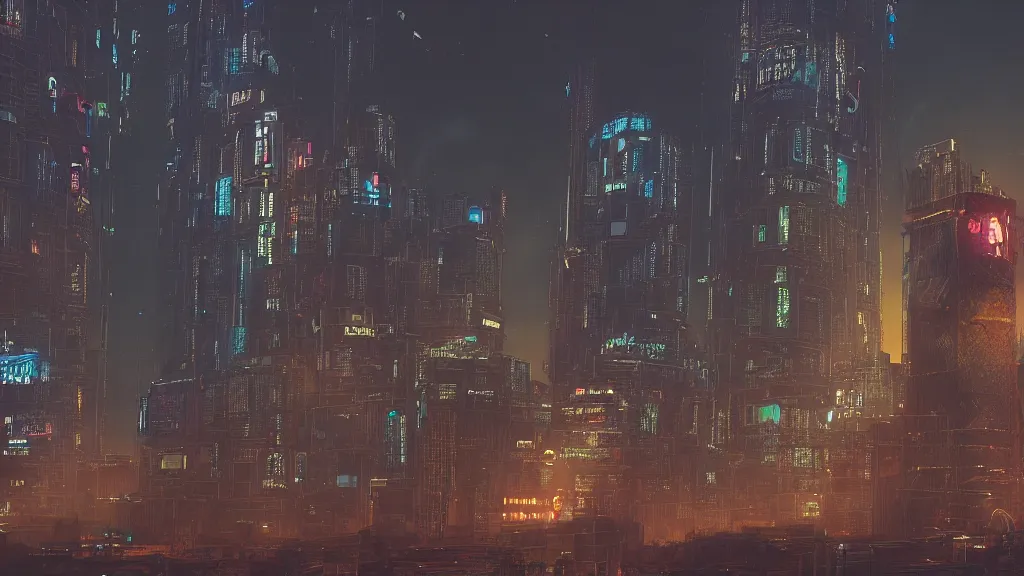 Image similar to an ancient cyberpunk tower, glowing in the evening, film still, epic shot cinematography