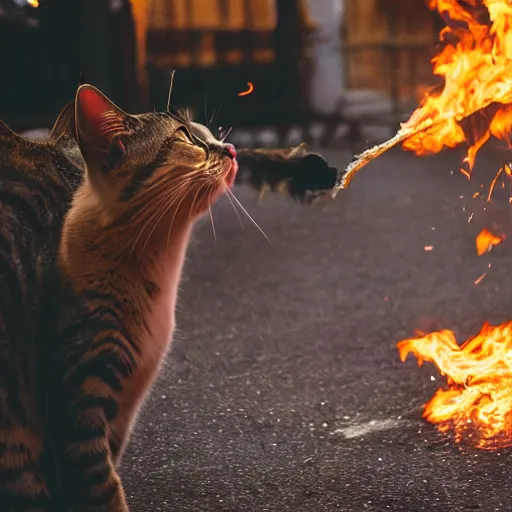 Image similar to professional photograph of a cat throwing a molotov