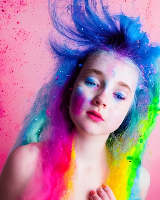 Image similar to a dramatic lighting photo of a beautiful young woman eva elfie with cotton candy hair. paint splashes. with a little bit of cyan and pink
