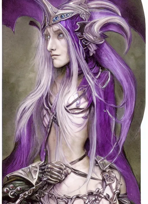 Image similar to portrait of young female prophetess of the endtimes, transluscent skin, silver filigreed armor, lavender hair, beautiful! coherent! dungeons and dragons character, by brian froud, strong line, cool night color, high contrast