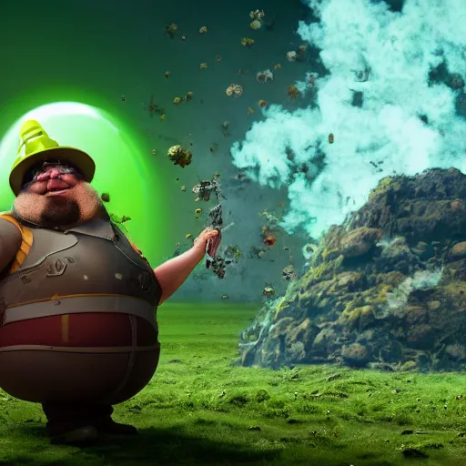 Prompt: highly detailed octane render of a short ugly fat man with a giant beard and wearing armour, goggles and a safety hat whilst laughing at a green mushroom cloud surrounded by dead insects in a cave