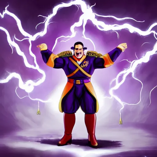 Prompt: M. Bison laughing with big white smile, full body portrait, surrounded by purple lightning, highly detailed painting, concept art