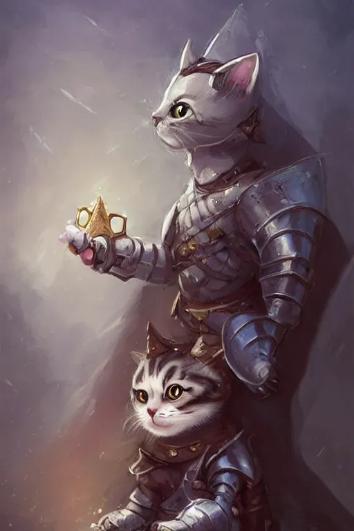 Image similar to cute little anthropomorphic cat knight wearing a cape and a crown, tiny, small, miniature cat , baby animal, short, pale blue armor, cute and adorable, pretty, beautiful, DnD character art portrait, matte fantasy painting, DeviantArt Artstation, by Jason Felix by Steve Argyle by Tyler Jacobson by Peter Mohrbacher, cinematic lighting