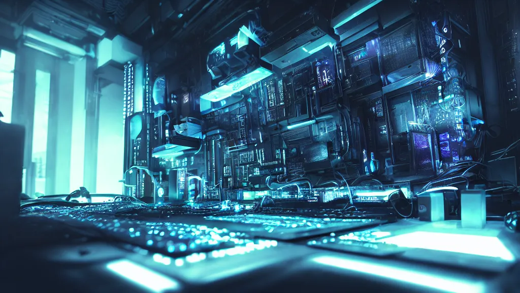 Image similar to a cyberpunk overpowered computer. Overclocking, watercooling, custom computer, cyber, mat black metal, alienware, futuristic design, Beautiful dramatic dark moody tones and lighting, Ultra realistic details, cinematic atmosphere, studio lighting, shadows, dark background, dimmed lights, industrial architecture, Octane render, realistic 3D, photorealistic rendering, 8K, 4K, computer setup, highly detailed, desktop computer, desk, table, ikea