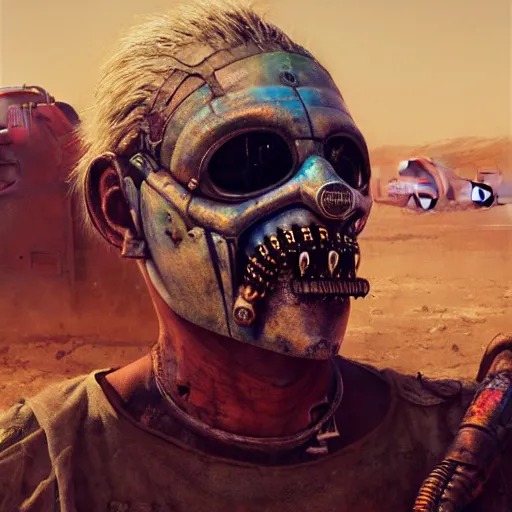 Image similar to Portrait of Immortan Joe by Greg Rutkowski. He is making an announcement from his war rig in the desert by Mark Arian. It is bright and desolate and rusty by H.R. Giger. soft render, octane, highly detailed painting by Moebius. artstation Blank Canvas Scene by Tetsuya Nomura.