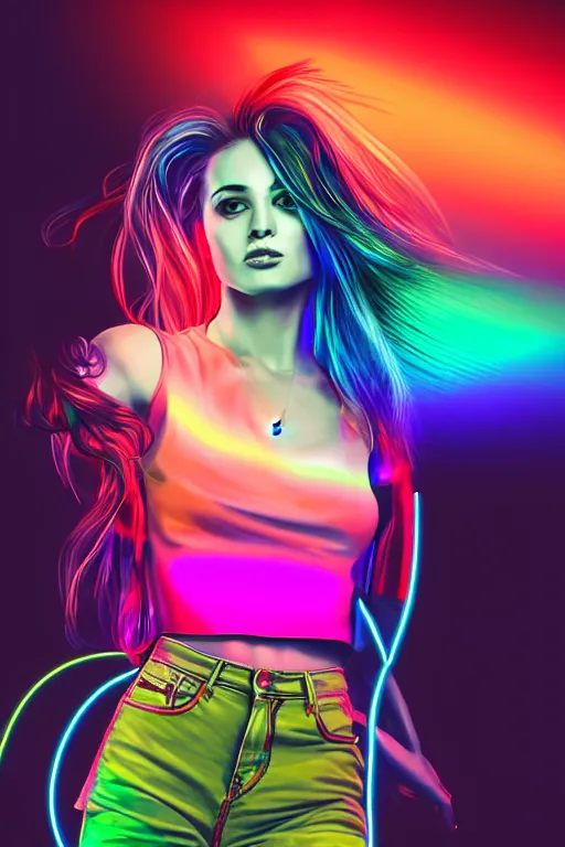 Image similar to a award winning half body portrait of a beautiful woman with stunning eyes in a croptop and cargo pants with rainbow colored ombre hairstyle head in motion and hair flying by thomas danthony, outlined by whirling illuminated neon lines, outrun, vaporware, shaded flat illustration, digital art, trending on artstation, highly detailed, fine detail, intricate