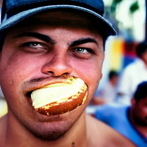 Prompt: close up portrait of a ronaldo nazario selling burgers in a rio de janeiro street, photograph, natural light, sharp, detailed face, magazine, press, photo, steve mccurry, david lazar, canon, nikon, focus