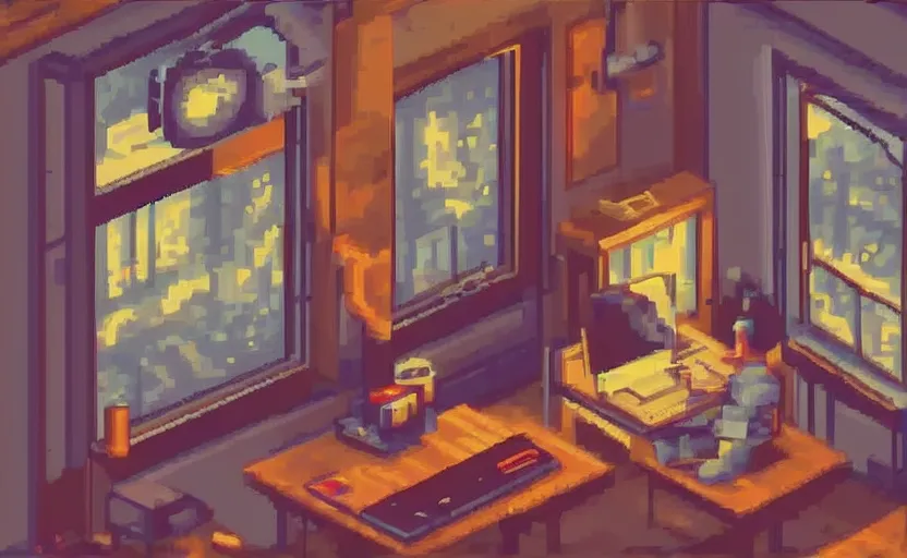 Image similar to Pixel-art. Trending on artstation. Screenshot of Music to chill/study to youtube video. Character sitting and relaxing in front of their work desk in their cozy room as a peaceful scene is seen through the room's window.