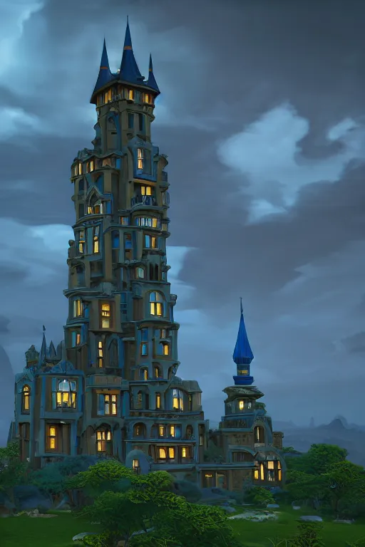 Image similar to view of the mysterious blue tower in its gardens after a storm, tall windows lit up, beautiful ornamental architecture, dramatic cinematic lighting, rich colors, by Nicholas Roerich and William Dyce and April Gornik and Sylvain Sarrailh, unreal engine