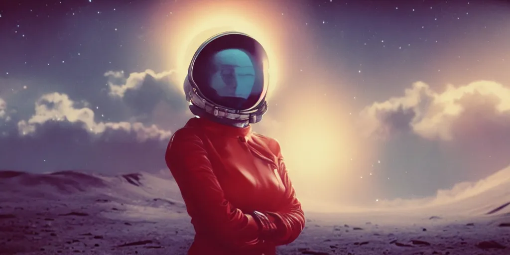 Prompt: vintage polaroid portrait of a beautiful woman wearing a space helmet, on the surface of the moon, science fiction, detailed clouds, 8k, unreal engine, warm azure tones, red color bleed, film grain