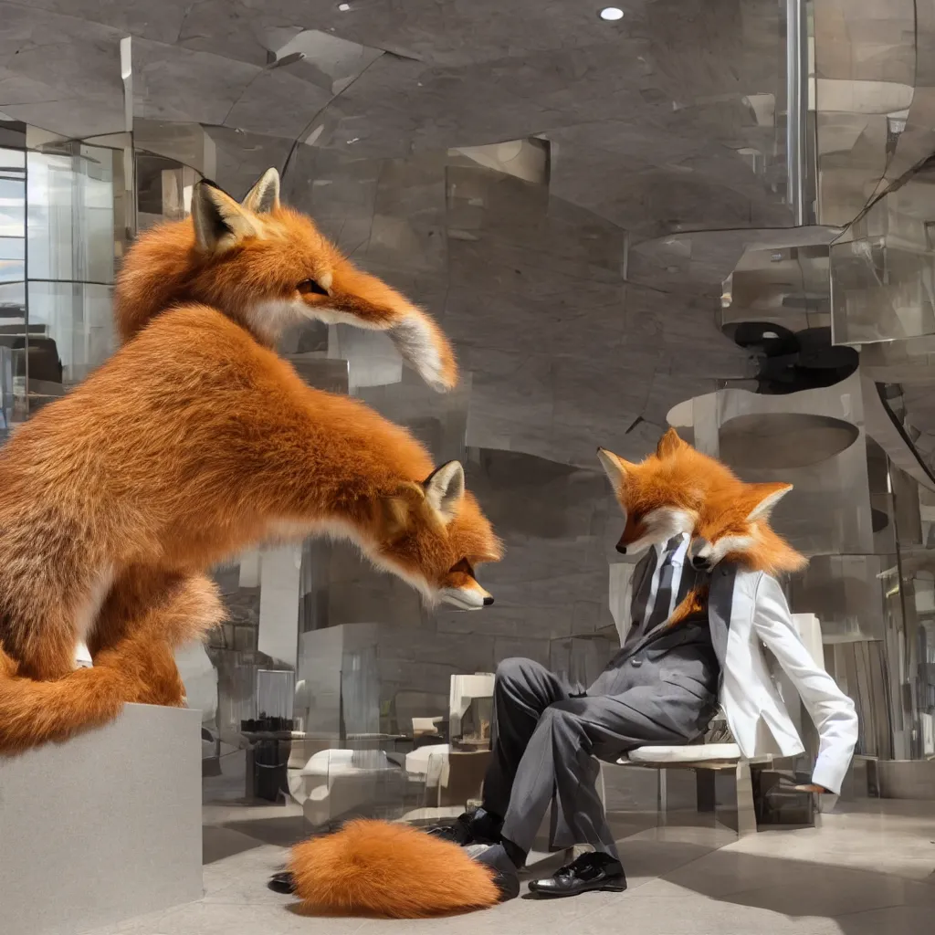 Image similar to a single anthropomorphic fox in suit sitting in the lobby of a futuristic hotel, anthro, furry