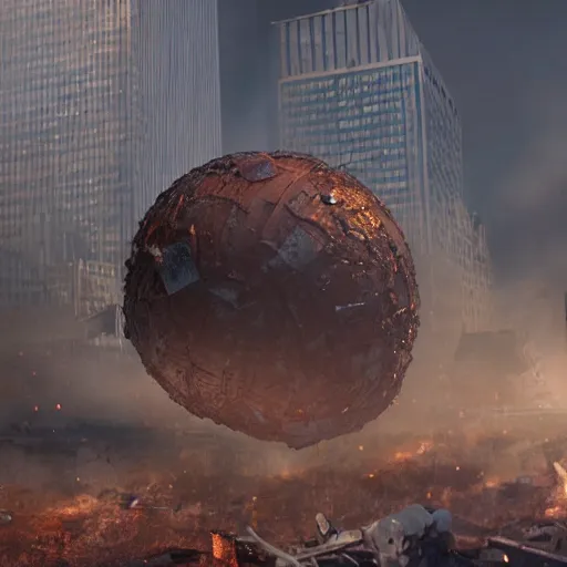 Image similar to cinematic still of giant rusty ball destroyed new york, post apocalyptic