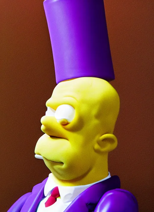 Image similar to platon closeup photograph of homer simpson in a purple suit, photorealistic, studio lighting, ektachrome, detailed, intricate, face detail