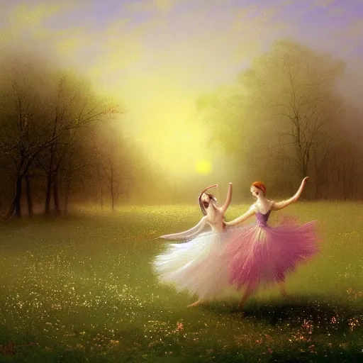 Image similar to the moonlit dance of the fae, dancers in white dancing across a flower meadow the moonlit dance by elena vizerskaya and ivan aivazovsky, perfectly detailed, artstation, sharp focus, highly detailed, studio photography, impresion de giclee arte abstracto, award winning