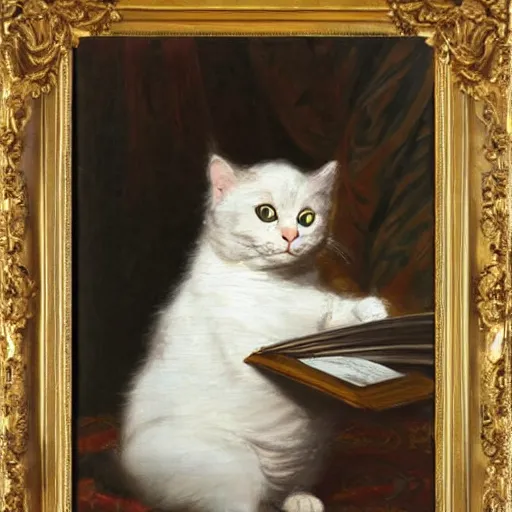 Image similar to Highly detailed oil painting of a cat wearing as gentleman reading a book, 19th century oil on canvas, by Franz Xaver Winterhalter, 8k