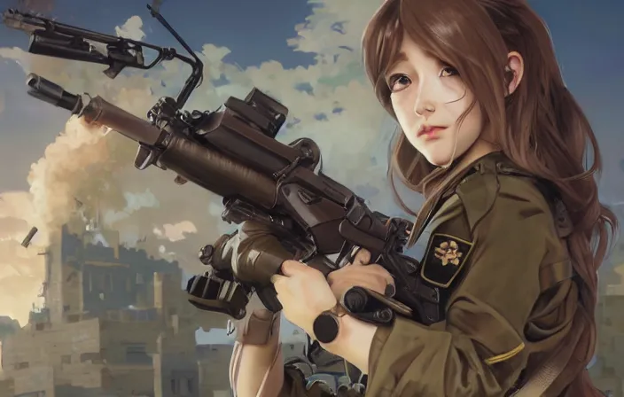 Prompt: infantry girl, soldier using rocket launcher, smoke, anime style, long hair, hair down, symmetrical facial features, from girls frontline, hyper realistic, pale skin, rule of thirds, extreme detail, 4 k, detailed drawing, trending artstation, hd, trading card, by alphonse mucha, greg rutkowski, sharp focus, backlit