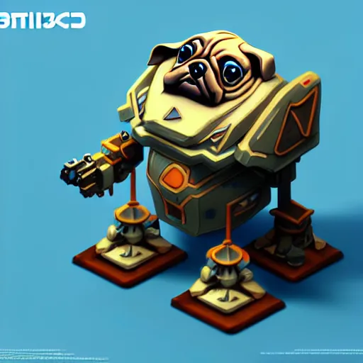 Image similar to isometric 3 d fantasy cute pug mecha, smoth 3 d illustration, cinematic matte painting, soft render, servando lupini, handpaint texture, blender, 3 dcoat