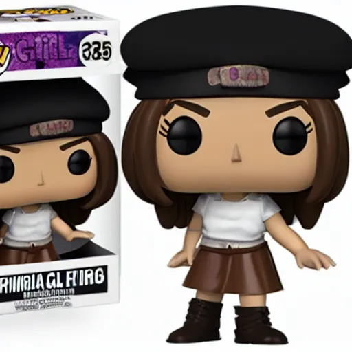 Image similar to Elmiira; funko pop of girl with short brown hairm, wearing a beret; white shirt; funko pop