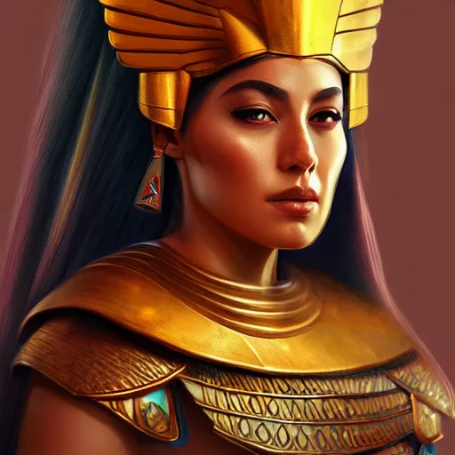 Prompt: portrait of gorgeous egypt goddess in the armor, beautiful face, hyper realistic, highly detailed, digital painting, artstation, illustration, concept art by hyung tae and frank frazetta, digital paint, matte paint, washed colors, dark, gloomy, foggy