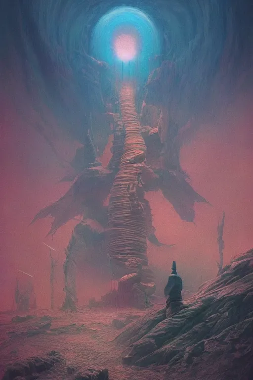 Prompt: 🔥::3, dreamlike, psychedelic, otherworldly, weird, cyberpunk, vaporware, interesting details, volumetric lighting, dramatic, fantasy, by Moebius, by zdzisław beksiński, Fantasy LUT, epic composition, 8k,