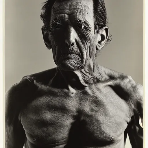 Prompt: a man with sticks protruding from their skin, large format film photograph by richard avedon