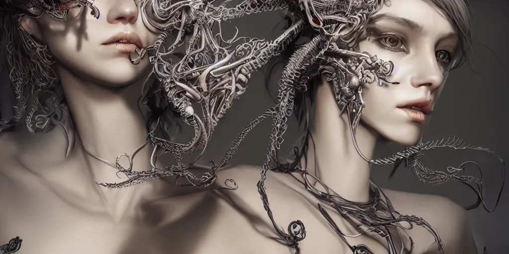 Prompt: photorealistic gorgeous symmetrical female cyborg, fanning tendrils, ribbon highly detailed, intricate, exuberant filigree, in the style of beth cavener, jin kagetsu, wlop, masterpiece, concept art, high key lighting, ambient lighting, octane render, 8 k, artstation