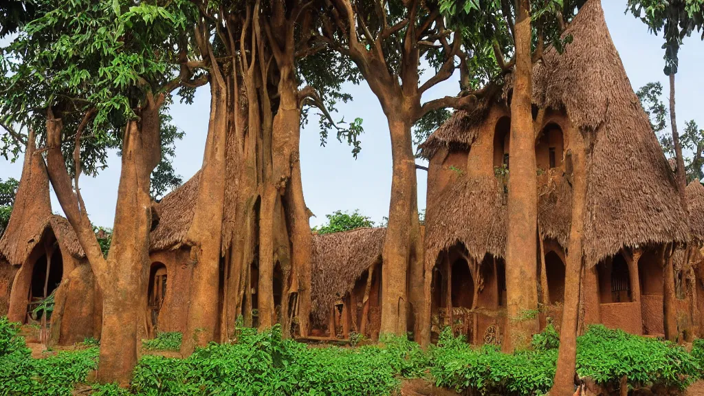 Prompt: west african village center, mixed with art nouveau, with wooden beams, covered in strangler fig and mossy foliage, mudbrick, stained glass windows, stone, baobab trees, like jurgen mayer, cinematic,